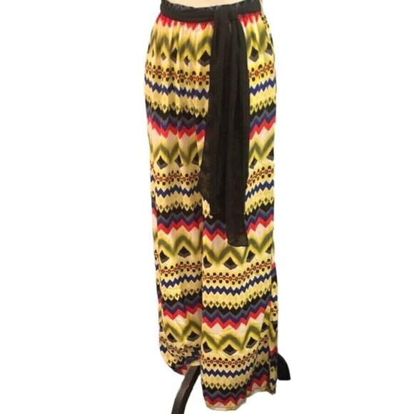 The Hangers Womens Palazzo Pants Size L/G Boho Geometric Print Multicolor Belt - Picture 1 of 13